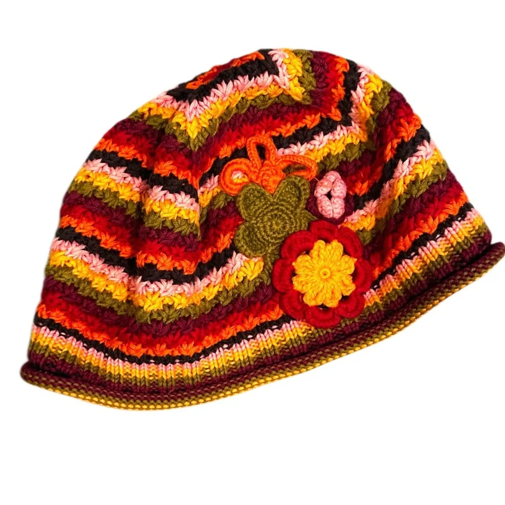 Hanna Andersson girls knit floral hat size m striped